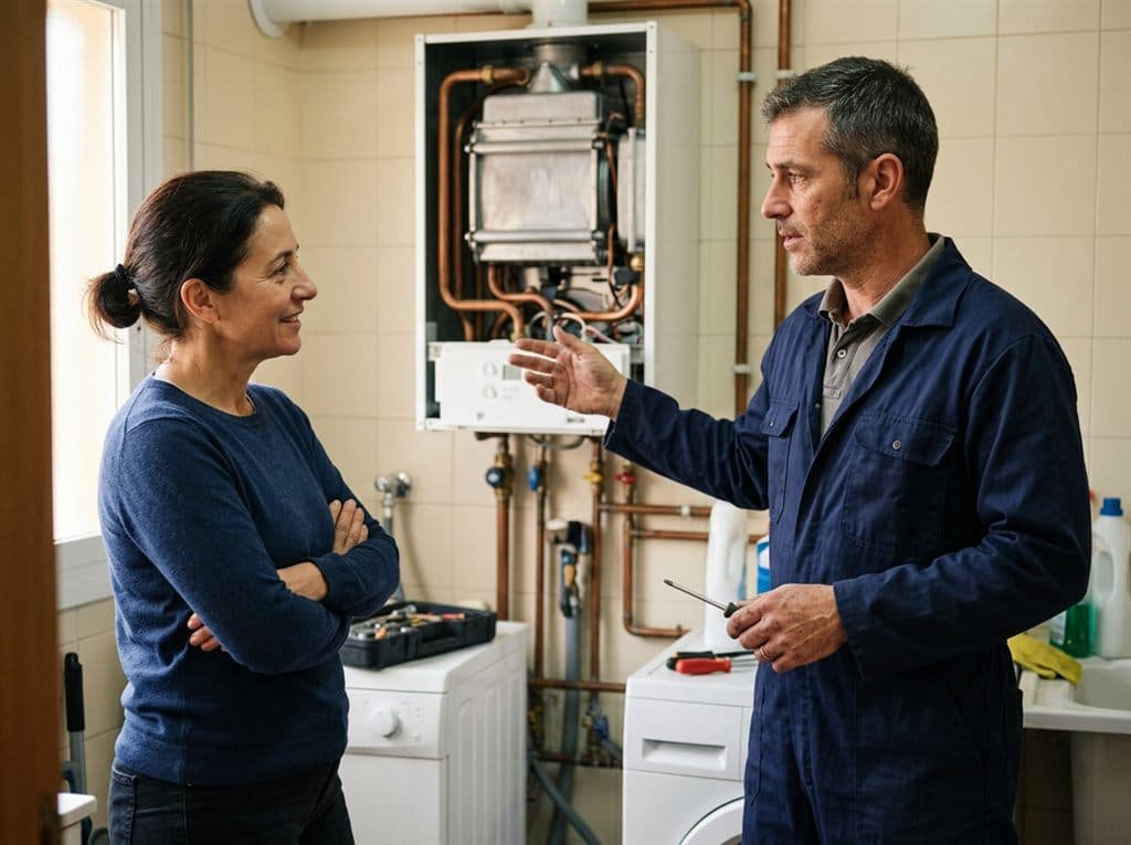 Fontanero de Gómez Ansia explicando a una clienta el funcionamiento de una caldera en una vivienda de Ourense