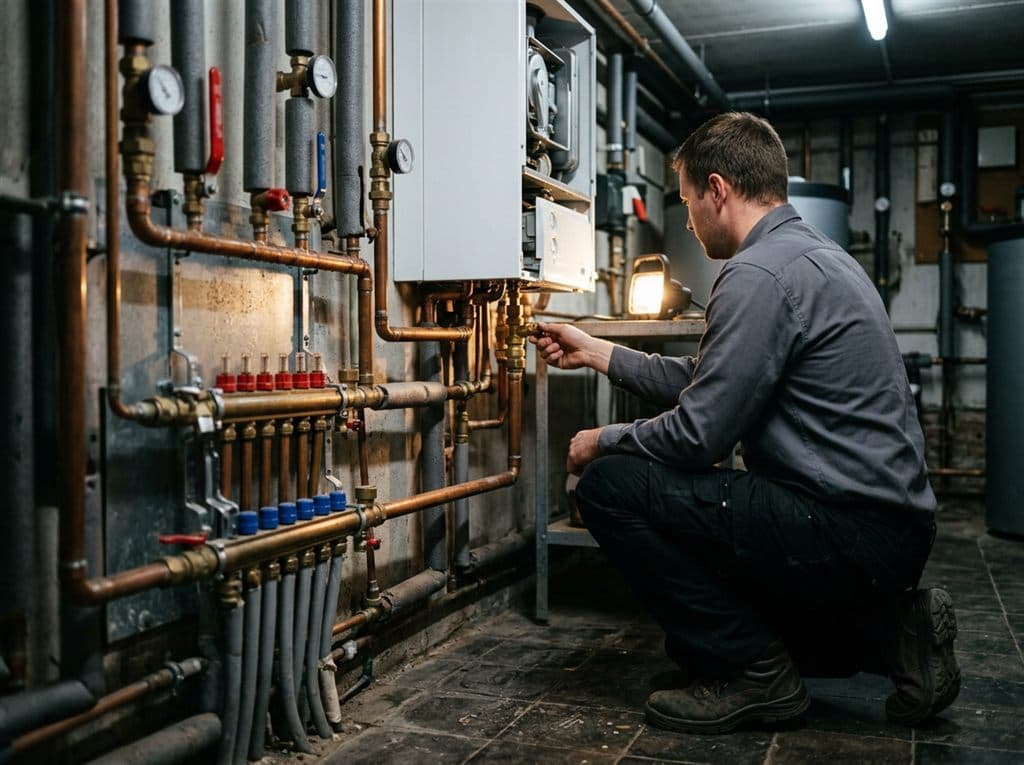 Fontanero de Gómez Ansia realizando el mantenimiento de una instalación en una comunidad de Ourense